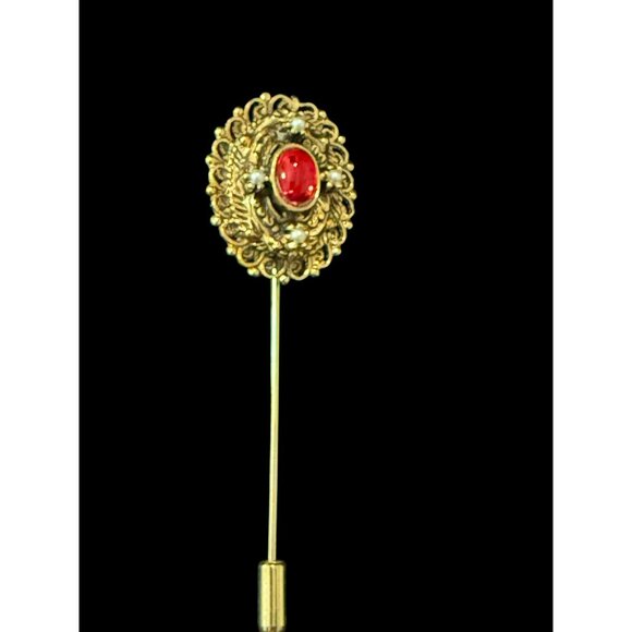 Vintage Gold Tone Filigree Stick Hat Lapel Pin w/ Red Faux Gemstone & Pearls - Picture 4 of 4
